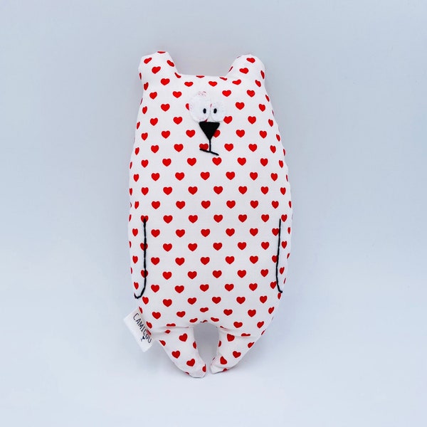 Doudou ours "Jean-Jacques" personnalisable / Tissu blanc motifs petits coeurs rouges / Cadeau de naissance / peluche prénom