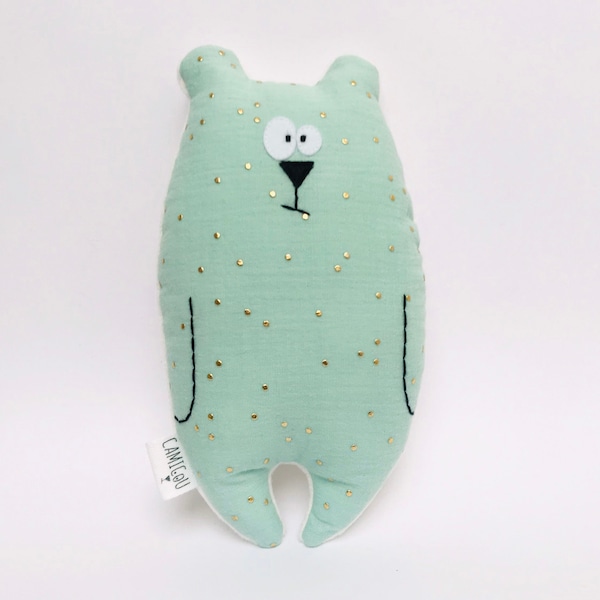 Doudou ours "Jean-Jacques", Tissu double gaze mint pois dorés et minky, Cadeau naissance, Peluche douce