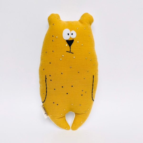 Doudou ours "Jean-Jacques", Tissu double gaze moutarde pois dorés et minky, Cadeau naissance, Peluche douce