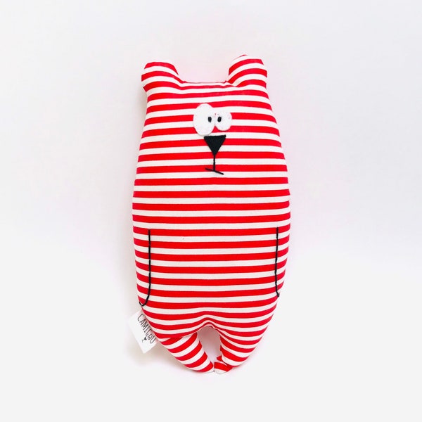 Doudou ours "Jean-Jacques" personnalisable, Tissu marinière rouge et blanc, Cadeau de naissance, Peluche prénom