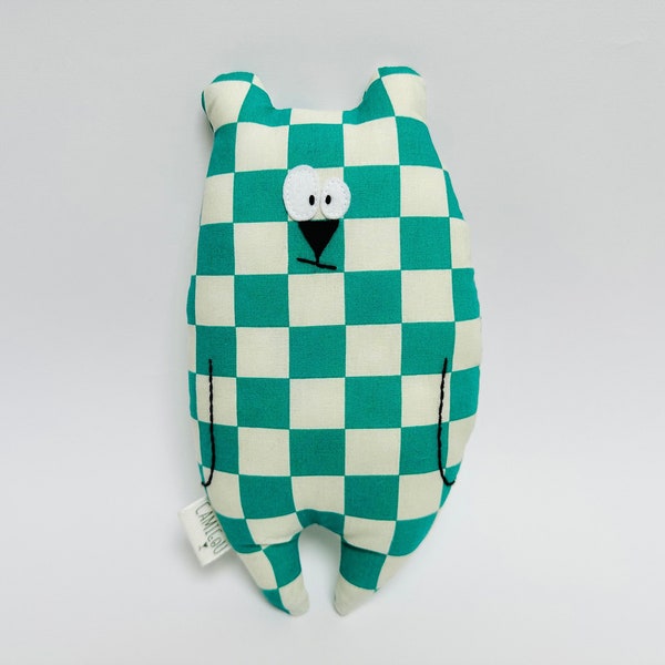 Doudou ours "Jean-Jacques" personnalisable, Tissu à carreaux verts et blancs, Cadeau de naissance, Peluche prénom