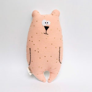 Doudou ours Jean-Jacques, Tissu double gaze rose pois dorés et minky, Cadeau naissance, Peluche douce image 1