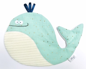 Mint blue flat comforter, Whale comforter, double gauze comforter, Birth gift