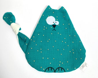 Doudou plat chat vert émeraude, Attache tétine, Doudou double gaze, Cadeau de naissance, Cadeau bébé