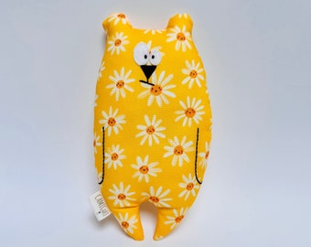 Doudou ours "Jean-Jacques" personnalisable, Tissu jaune motif marguerites, Cadeau de naissance, Peluche prénom