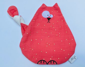 Doudou plat chat corail, Attache tétine, Doudou double gaze, Cadeau de naissance, Cadeau bébé