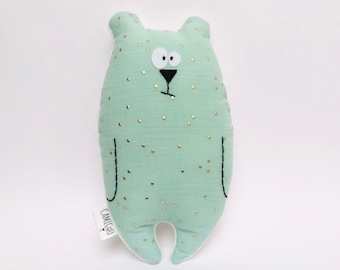 "Jean-Jacques" teddy bear, double gauze fabric mint with golden polka dots and minky, birth gift, soft plush toy