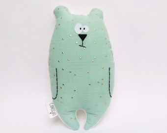 Doudou ours "Jean-Jacques", Tissu double gaze mint pois dorés et minky, Cadeau naissance, Peluche douce