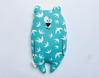 Customizable "Jean-Jacques" bear comforter / Turquoise fabric with bird patterns / Birth gift / first name soft toy