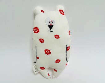 Customizable “Jean-Jacques” bear comforter, White fabric with red “kiss” patterns, Birth gift, First name soft toy