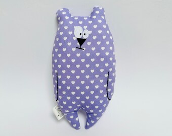 Doudou ours "Jean-Jacques" personnalisable / Tissu violets motifs coeurs blancs / Cadeau de naissance / peluche prénom