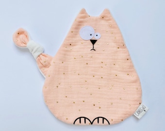 Pink cat flat comforter, Pacifier clip, Double gauze comforter, Newborn gift, Baby gift
