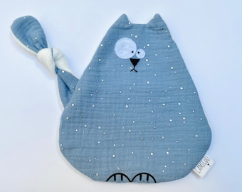 Flat blue-grey cat comforter, Pacifier clip, Double gauze comforter, Birth gift, Baby gift
