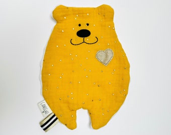 Doudou plat jaune moutarde, Doudou personnalisable, Doudou double gaze, Cadeau de naissance, Cadeau bébé