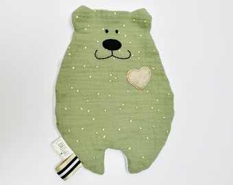 Doudou plat vert tilleul / doudou prénom / doudou double gaze / doudou minkee / cadeau de naissance / cadeau bébé