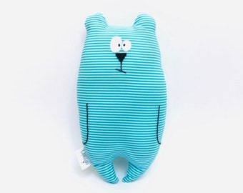 Doudou ours "Jean-Jacques" personnalisable / Tissu rayé turquoise et blanc / Cadeau de naissance / peluche prénom