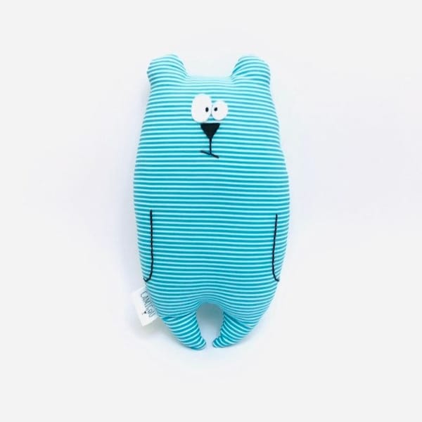 Doudou ours "Jean-Jacques" personnalisable / Tissu rayé turquoise et blanc / Cadeau de naissance / peluche prénom