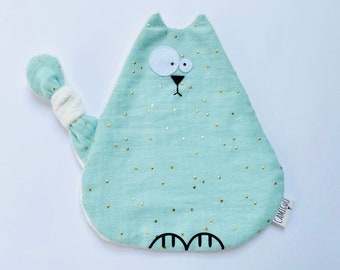 Doudou plat chat bleu mint, Attache tétine, Doudou double gaze, Cadeau de naissance, Cadeau bébé