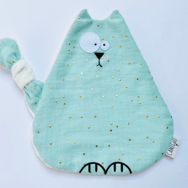 Doudou plat chat bleu mint, Attache tétine, Doudou double gaze, Cadeau de naissance, Cadeau bébé