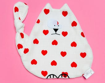 VALENTINE'S DAY COLLECTION (limited edition) Flat cat comforter with heart motifs, Pacifier clip, Double gauze comforter, Newborn gift, Baby gift