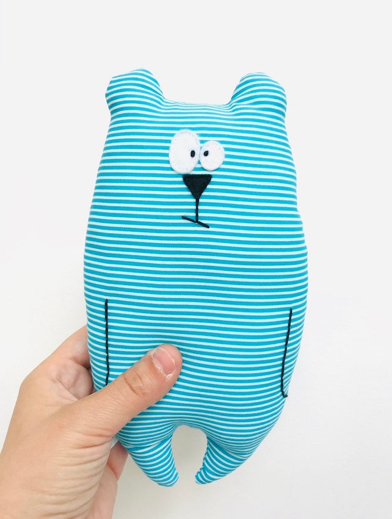 Doudou ours Jean-Jacques personnalisable / Tissu rayé turquoise et blanc / Cadeau de naissance / peluche prénom image 3