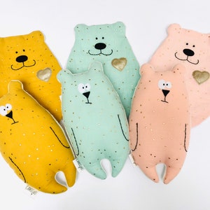 Doudou ours Jean-Jacques, Tissu double gaze rose pois dorés et minky, Cadeau naissance, Peluche douce image 5