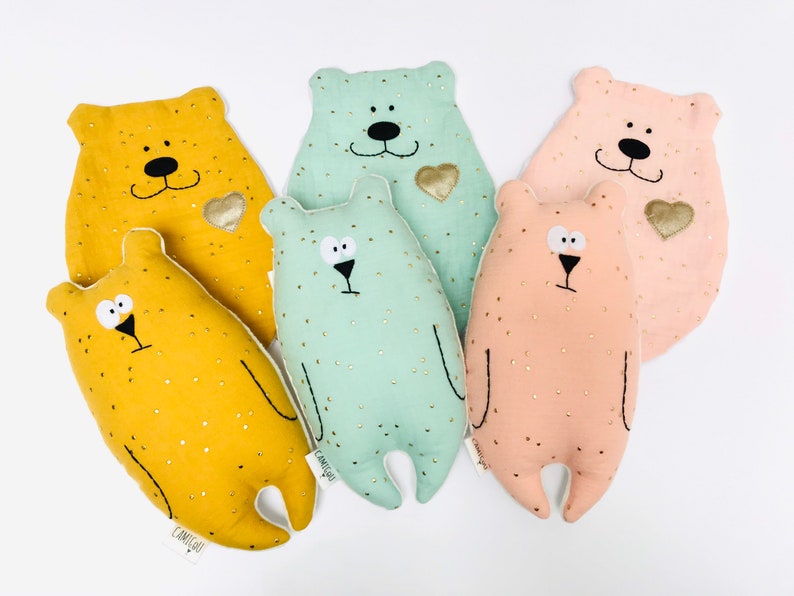 Doudou ours Jean-Jacques, Tissu double gaze rose pois dorés et minky, Cadeau naissance, Peluche douce image 5