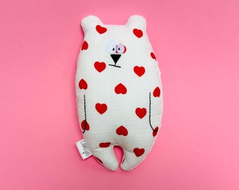 VALENTINE'S DAY COLLECTION "Jean-Jacques" Bear Comforter, Double Gauze Fabric with Heart and Minky Patterns, Newborn Gift, Soft Plush Toy