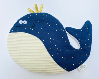 Doudou plat bleu marine, Doudou baleine, doudou double gaze, Cadeau de naissance