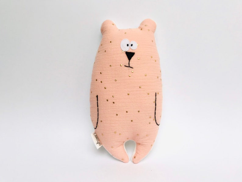 Doudou ours Jean-Jacques, Tissu double gaze rose pois dorés et minky, Cadeau naissance, Peluche douce image 1