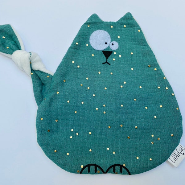 Doudou plat chat vert eucalyptus, Attache tétine, Doudou double gaze, Cadeau de naissance, Cadeau bébé