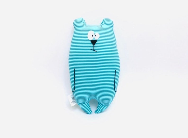 Doudou ours Jean-Jacques personnalisable / Tissu rayé turquoise et blanc / Cadeau de naissance / peluche prénom image 1