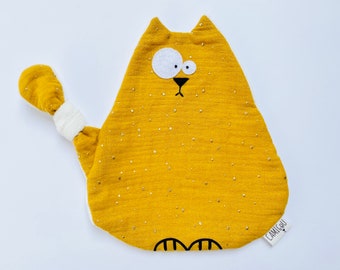 Doudou plat chat jaune moutarde, Attache tétine, Doudou double gaze, Cadeau de naissance, Cadeau bébé