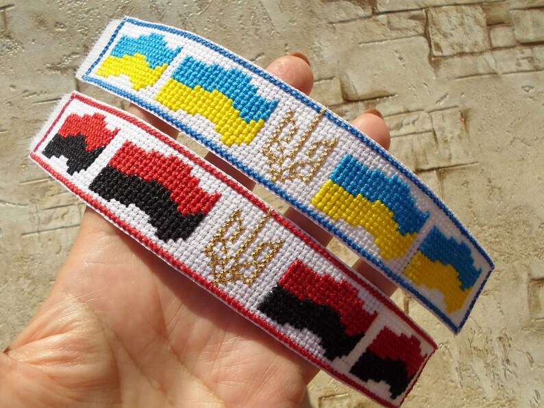 Ukrainian embroidered patriotic bracelet with trident and flag Etsy
