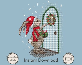 Christmas Guest Cross Stitch PDF Pattern, Winter Animals Cross Stitch Chart, Cute Rabbit Embroidery PDF, Instant Download PDF