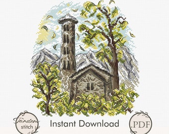 Tower Cross Stitch PDF Pattern, Historical Church Building Cross Stitch Chart, Architecture Sketch Embroidery PDF, Instant Download PDF