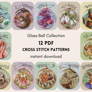 Glazen bol kruissteek PDF-patroonbundel, 12 maanden kruissteekdiagrammen, schattige borduur-PDF, Instant Download PDF