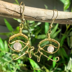 Rose Quartz Earrings | Eye of Horus| Eye of Ra | Handcrafted |Rose Quartz| Crystal | Brass | Wire Wrapped | Ancient Egypt
