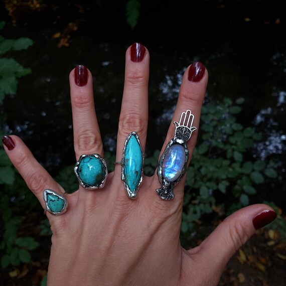 Magickal Crystal Rings Rainbow Moonstone Ring Turquoise Ring Soldered Tiffany Technique Gemstone Rings Statement Ring Etsy Australia