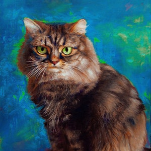 May include: Oil painting of a fluffy brown tabby cat with striking green eyes. The cat is set against a vibrant blue and green background. The artwork is signed in the lower right corner.