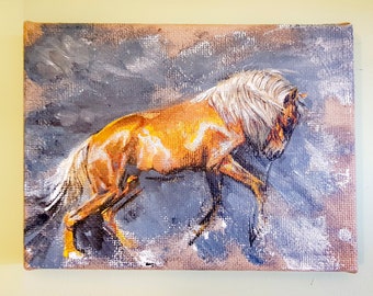 Original UK artwork on burlap canvas, yellow gold horse on blue, small - medium, ready to hang