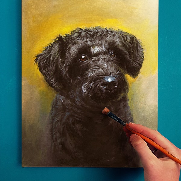 Ręcznie malowany portret psa na zamówienie farbą olejną autorstwa brytyjskiego artysty