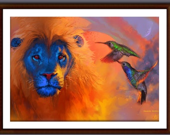 Lion Animal Art - Safari Animal Poster - Big Cat Poster - Bright colours - African Lion painting print