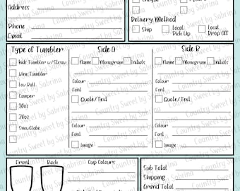 Puede incluir: Un formulario de pedido imprimible en blanco y negro para vasos personalizados. El formulario incluye secciones para los detalles del pedido, los métodos de pago y entrega, el tipo de vaso, las opciones de diseño del lado A y B, los colores de los vasos, la cobertura y una descripción detallada. El formulario también incluye secciones para el subtotal, el envío, el total general, el depósito, el saldo pendiente y las notas.