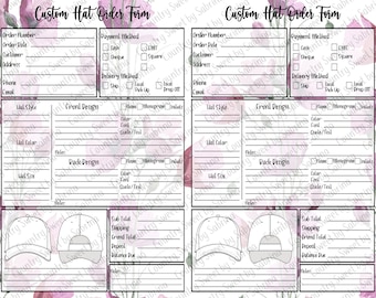 May include: A printable custom hat order form with a floral background. The form includes sections for order details, payment method, delivery method, hat style, front design, back design, hat color, hat size, and notes. The form also includes a visual representation of a baseball cap.