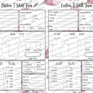 Puede incluir: Un formulario imprimible en blanco y negro para personalizar camisetas. El formulario incluye secciones para los detalles del pedido, el método de pago, el método de entrega, el diseño frontal y posterior, los detalles, las tallas para adultos y jóvenes, y los precios. El formulario tiene un fondo floral.