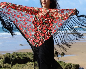 Handmade Spanish Flamenco Shawl "Pico" in Embroidered Chiffon Black --154x73cm-60,6"x28,7"// Long Fringes  48cm-18,8"           ges.