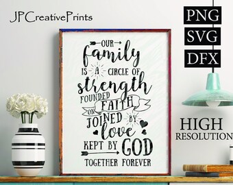 Our family is a circle of strength founded on faith joined by love kept by God together forever Printable Files, Quotes, Instant Download