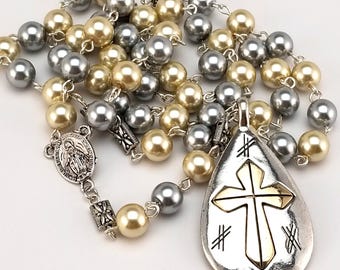 Handmade Pearl Glass Bead Rosary with Gold Silver Cross