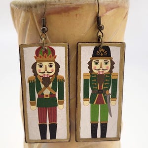 Earrings. Nutcracker Christmas earrings in green handmade with decoupaged wood.